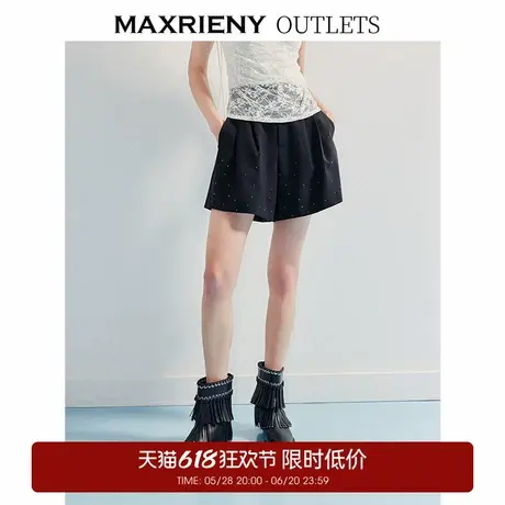 【奥莱】MAXRIENY黑色a摆压褶短裤女通勤风a型裙裤商品大图