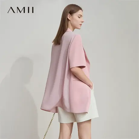 Amii2025夏新款通勤翻驳领撞料拼接一粒扣短袖西装女西服职场上衣商品大图