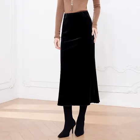 希区瑞普法式复古高级感显瘦修身女丝绒鱼尾长款松紧腰半身裙商品大图