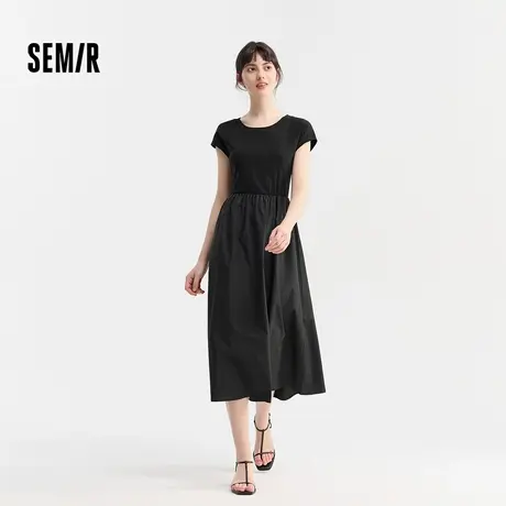 森马连衣裙女圆领修身长裙气质时尚2024夏新款百搭拼接大摆裙优雅商品大图