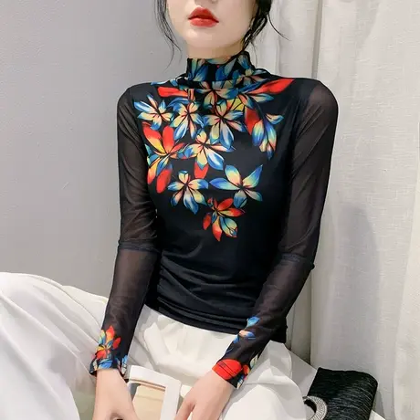 气质减龄印花T恤女长袖性感网纱半高领上衣洋气修身外穿内搭上衣商品大图