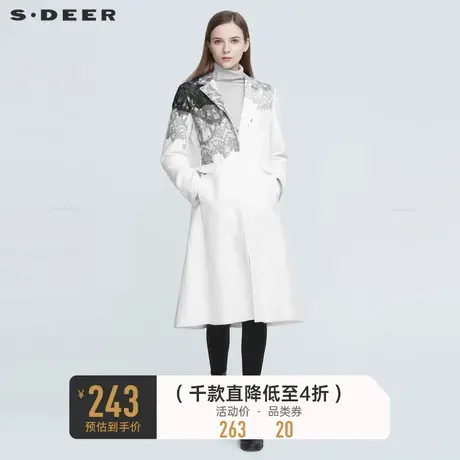 sdeer圣迪奥冬季休闲平驳领蕾丝拼接白色长款毛呢大衣女S20481848图片