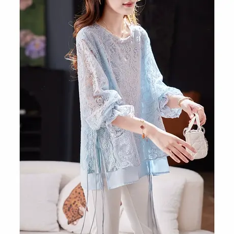 宝诗黎钉珠拼接刺绣镂空雪纺衫2025韩系春季时尚洋气百搭宽松衬衣商品大图