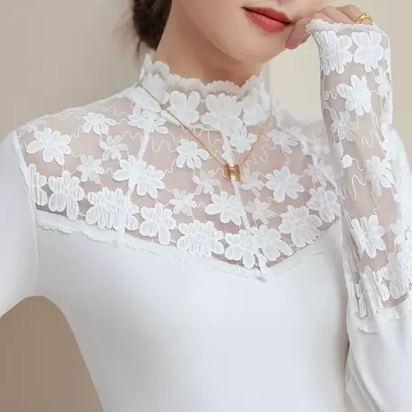 五公主白色蕾丝打底衫气质显瘦上衣秋冬季新款妈妈内搭减龄小衫厚图片
