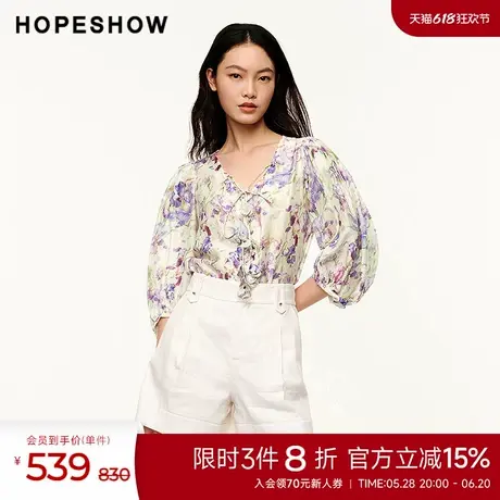 红袖夏季新款女装印花灯笼袖系带V领套头上衣商品大图