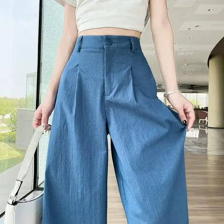 牛仔蓝阔腿裤女2025年春秋新款高腰宽松显瘦韩系小个子休闲九分裤商品大图
