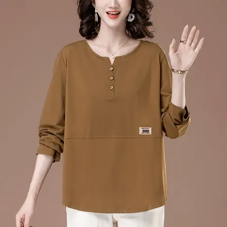 中老年妈妈春秋季长袖T恤宽松加肥加大码女装遮肚休闲打底衫上衣图片
