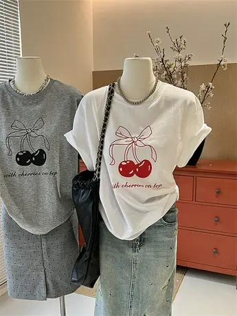 樱桃蝴蝶结t恤女夏短袖宽松休闲 韩版chic体恤衫新款白色打底上衣商品大图