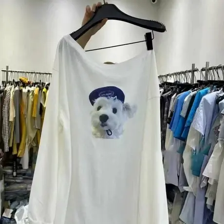 韩国东大门夏季新款小狗印花露肩宽松防晒长袖T恤罩衫斜肩上衣女商品大图