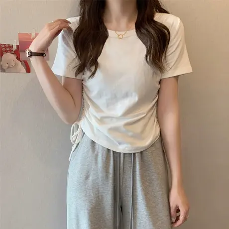 设计感小众正肩短款抽绳褶皱短袖T恤女夏修身打底衫内搭外穿上衣商品大图
