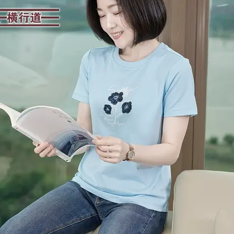 圆领短袖珠片刺绣正肩T恤打底衫小众上衣通勤半袖小衫夏季女装商品大图