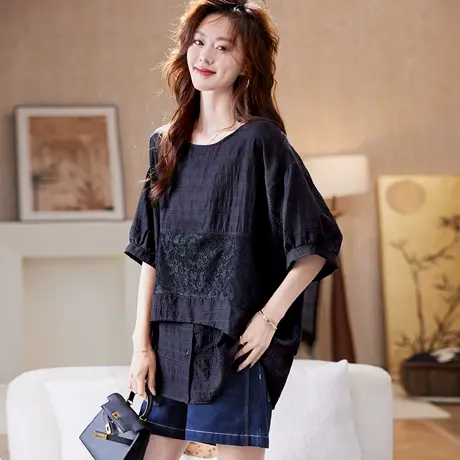 宝诗黎【新品价158元】蝙蝠袖蕾丝拼接衬衫KX2009商品大图