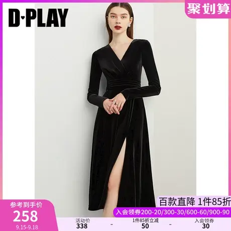 DPLAY秋装复古赫本风经典黑V领开衩丝绒连衣裙礼服裙小黑裙图片