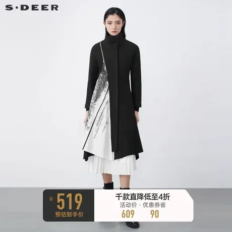 sdeer圣迪奥冬装时尚高领字母印花不规则毛呢大衣女S21481859🤑商品大图