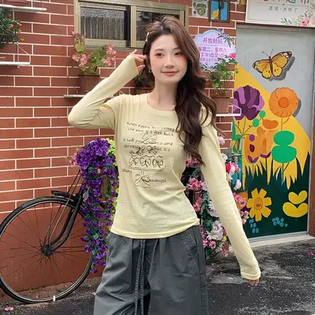 尔给T恤印花长袖薄款T恤女后背蕾丝镂空设计空调衫上衣商品大图