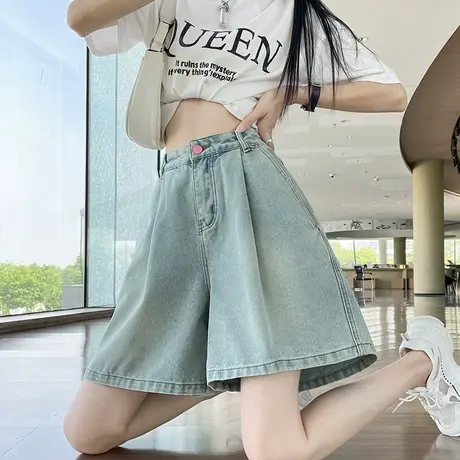 浅色牛仔短裤女夏季薄款高腰宽松显瘦遮胯A字小个子阔腿五分裤子商品大图