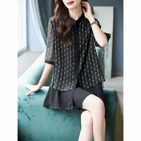 宝诗黎小立领假两件印花衬衫女新款上衣2025夏季五分袖设计感衬衣图片