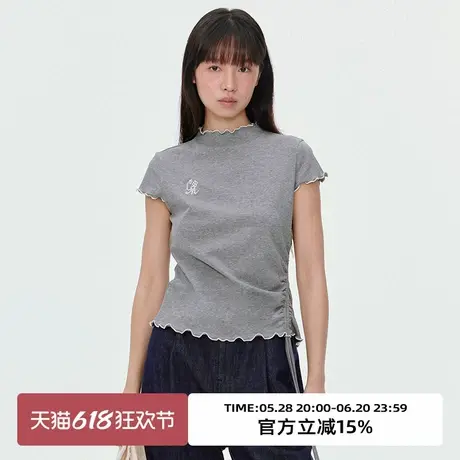 omont蛋挞家复古半高领撞色短袖T恤2025夏修身显瘦灰色半高领上衣商品大图