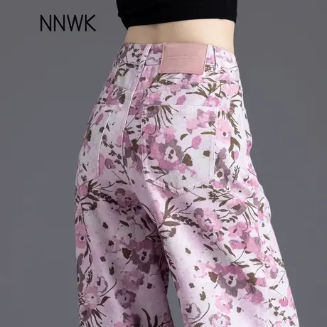 美式高街春季花卉印花牛仔裤女2025新款宽松高腰阔腿裤显瘦直筒裤商品大图