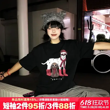 美式复古街头风黑色正肩t恤女短袖2025新款斑点狗印花宽松上衣潮商品大图