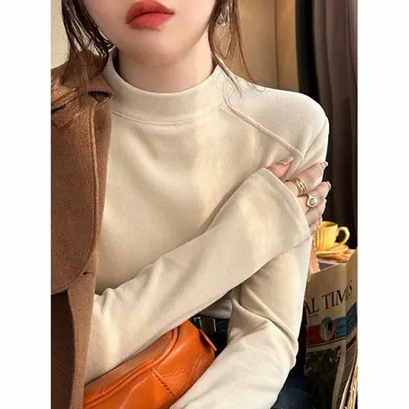 韩系高级感半高领德绒磨毛打底衫女秋冬加厚加绒保暖修身长袖T恤图片