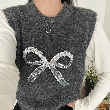 2025新款超火蝴蝶结毛衣针织马甲女时髦洋气背心春秋马夹叠穿外穿图片
