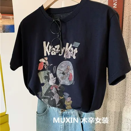 卡通印花夏季薄款凉爽雪花棉宽松美式复古女式短袖百搭T恤衫青春商品大图