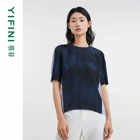 [专柜同款]Yifini/易菲100%桑蚕丝文艺拼接艺术感宽松短款套头衫商品大图