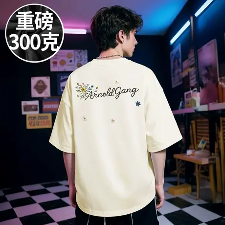 【100%纯棉】300斤大码男装美式潮牌重磅短袖T恤加肥加大码五分袖图片