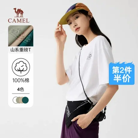 骆驼女装短袖t恤2025夏季新款圆领宽松印花半袖重磅纯棉体恤男女图片