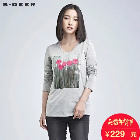 sdeer圣迪奥2018秋冬装灰调清新凸版印花长袖T恤打底衫S16480248图片