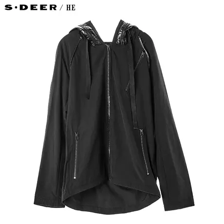 S.Deer/He圣迪奥酷感休闲面料拼接抽绳拉链装饰连帽外套H16372215图片