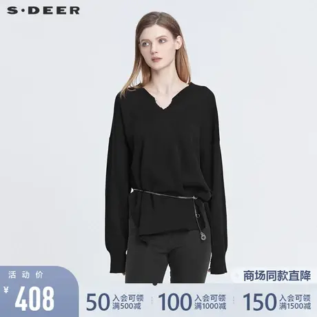 sdeer圣迪奥2022春季新款做旧V领罗纹宽松黑色针织衫女S22183506图片