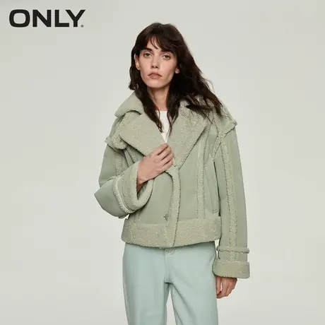 ONLY奥莱夏季简约仿羊羔毛拼PU落肩宽松棉服外套女商品大图