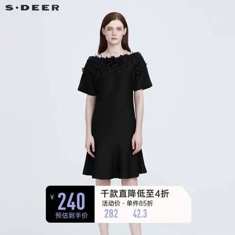 sdeer圣迪奥夏季小黑裙女绣花裙子肌理黑色吊带连衣裙S222Z123B图片