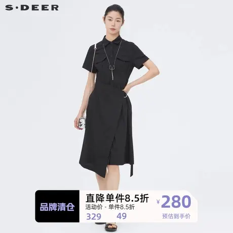 sdeer圣迪奥女装翻领拼接不规则衬衫黑色连衣裙S22281269图片