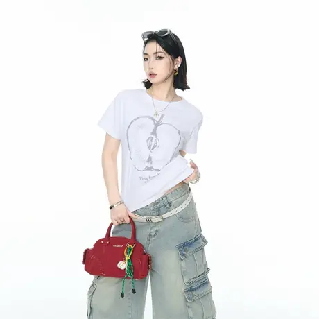 2025夏季新款创意印花修身短款正肩短袖T恤女ins甜辣风半袖上衣图片