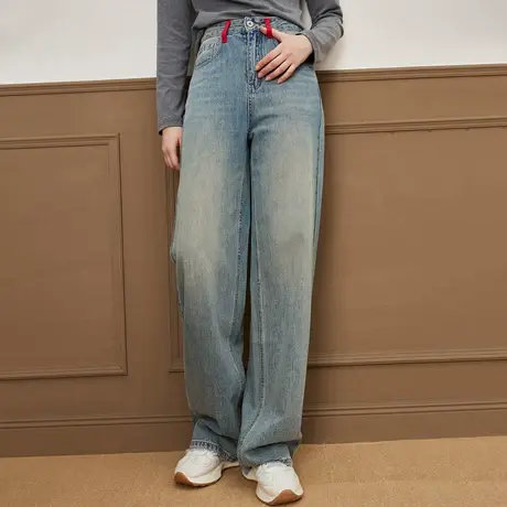 a02撞色口袋做旧水洗设计高腰阔腿裤2025春季高腰休闲女式牛仔裤商品大图