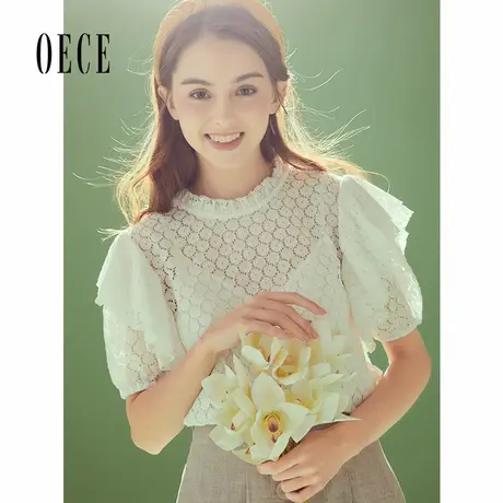 Oece春夏新款女装奶香雪酪法式复古水溶蕾丝短袖上衣商品大图