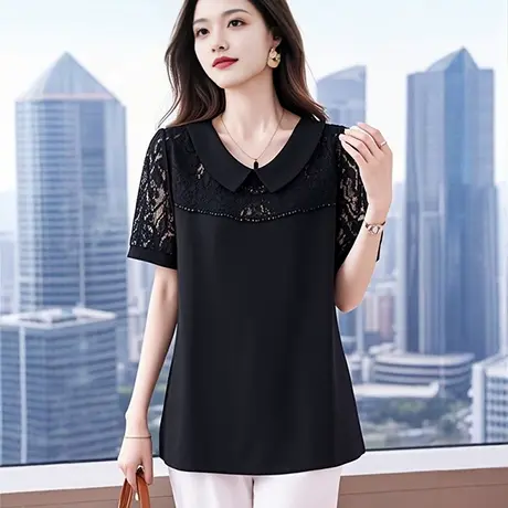 娃娃领短袖t恤女夏季2025新款时尚洋气宽松遮肚子上衣中年妈妈衫商品大图