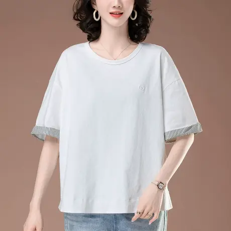 短袖t恤女夏季新款宽松加肥加大码中年妈妈全棉撞色拼接半袖体恤图片