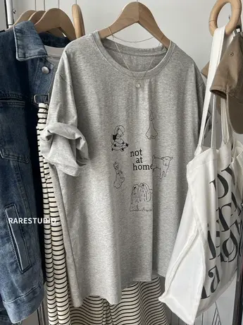 韩系手绘简笔画小印花简约高级感洋气百搭宽松短袖棉T恤女春款INS商品大图