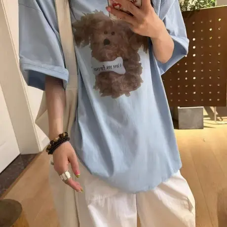 韩国东大门夏季新款时尚卡通动漫狗狗印花宽松休闲垫肩短袖T恤女商品大图