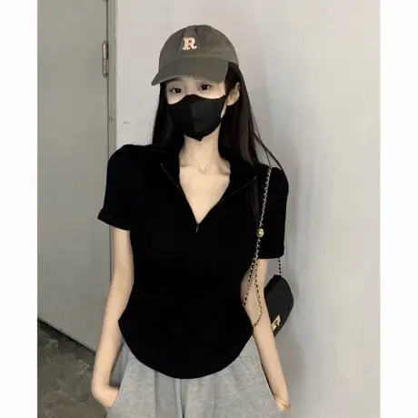 半拉链设计感小众短袖T恤女夏装韩版百搭修身显瘦POLO衫半袖上衣图片