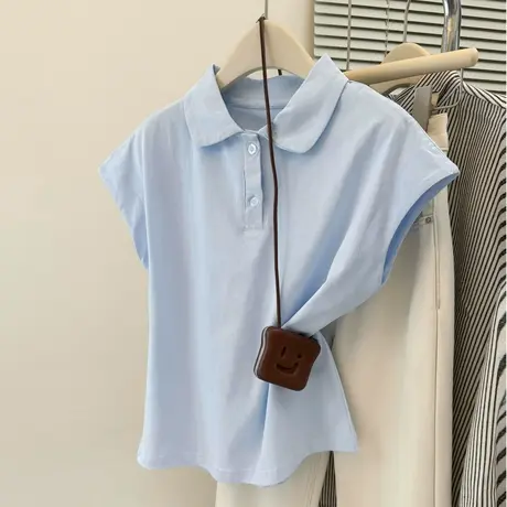 韩系高级感Polo翻领短袖T恤女夏季新款修身韩版设计感插肩袖上衣商品大图