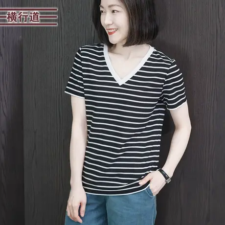 夏季新款短袖t恤女装显瘦减龄体恤条纹半袖V领宽松上衣打底衫夏装图片