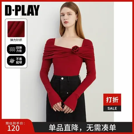 DPLAY秋季气质甜美红色抽褶搭片设计修身打底衫t恤女上衣商品大图