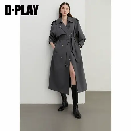 DPLAY2025年春季新款灰色风衣外套女翻领长款休闲气质长款大衣商品大图