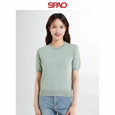 【直播间专属】SPAO韩国同款夏季女士条纹短袖简约圆领毛衣针织衫商品大图