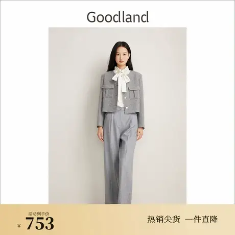 Goodland美地春季法式优雅100绵羊毛单排扣廓形短外套图片